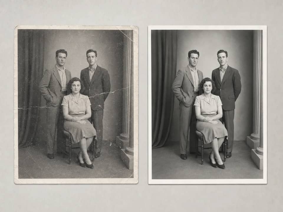Fictional vintage family photograph shown before and after careful restoration