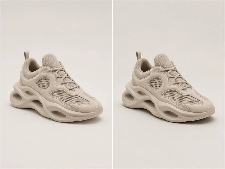 Unbranded sneaker shown before and after a realistic soft product shadow is added