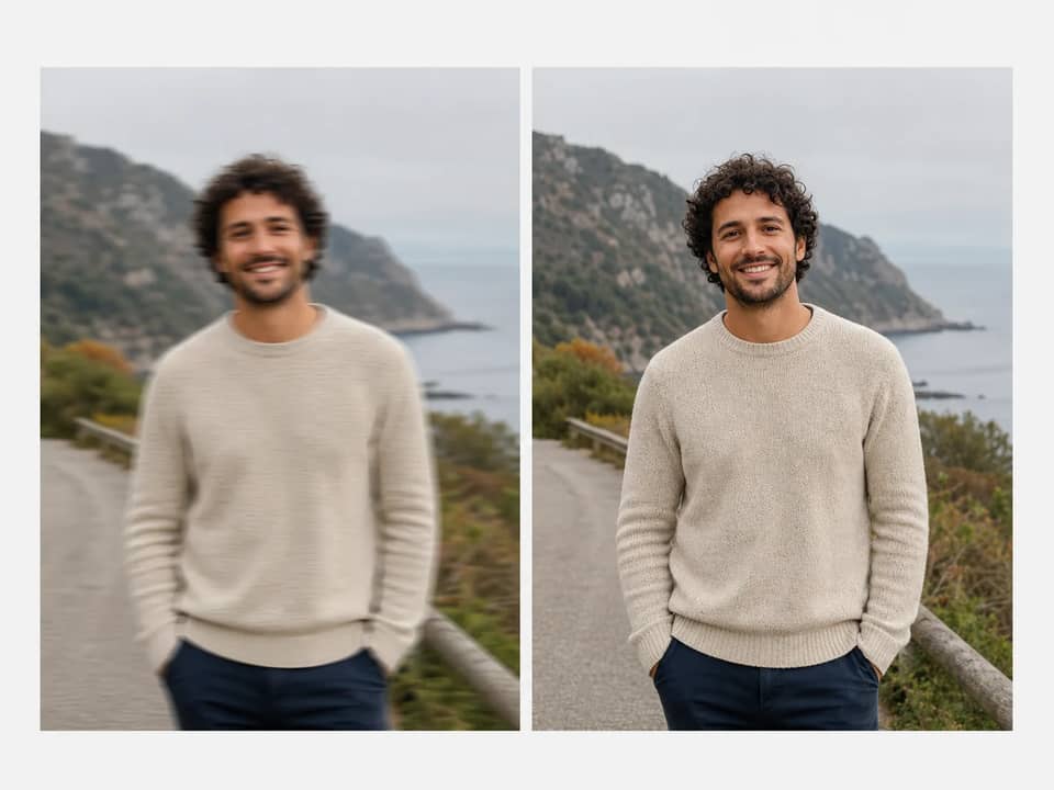Synthetic before and after board showing a softly blurred portrait restored to natural clarity