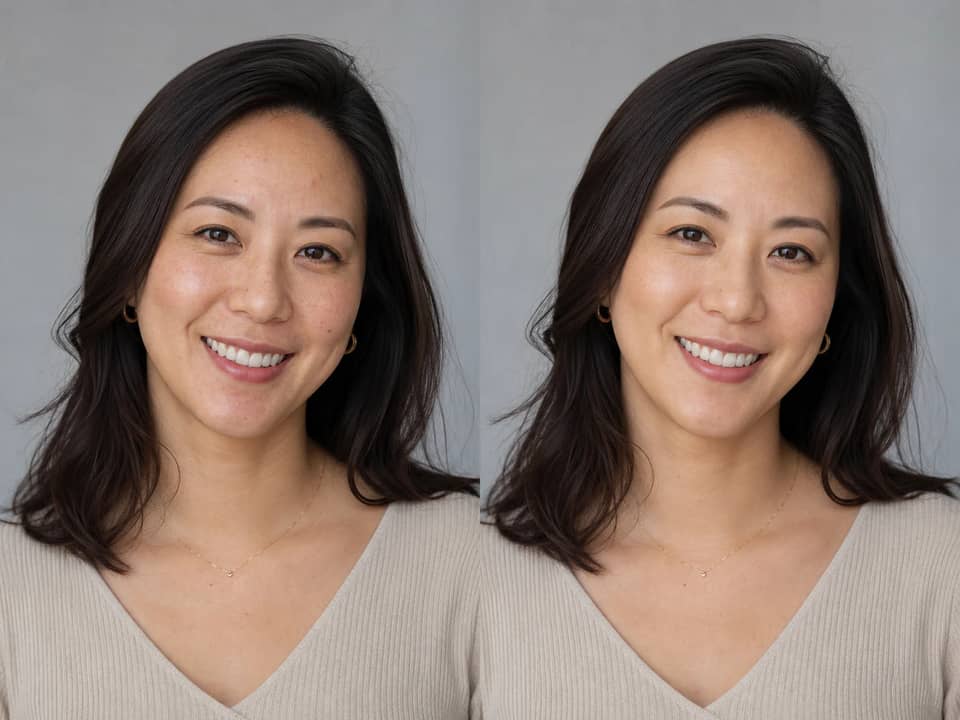 Synthetic fictional portrait shown before and after a subtle natural beauty retouch