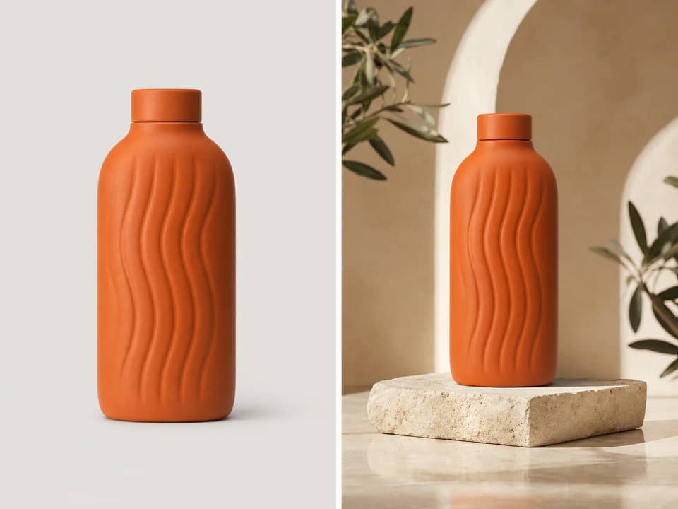 Original fictional orange bottle shown as a plain source packshot and a premium product photograph