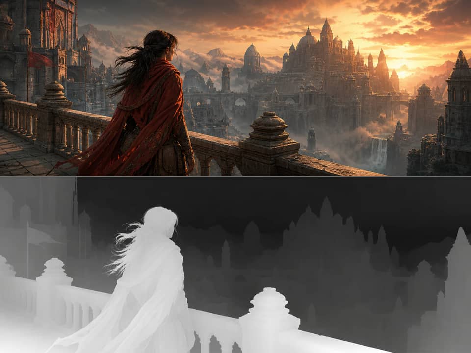 Original fantasy city scene shown above its aligned grayscale depth map