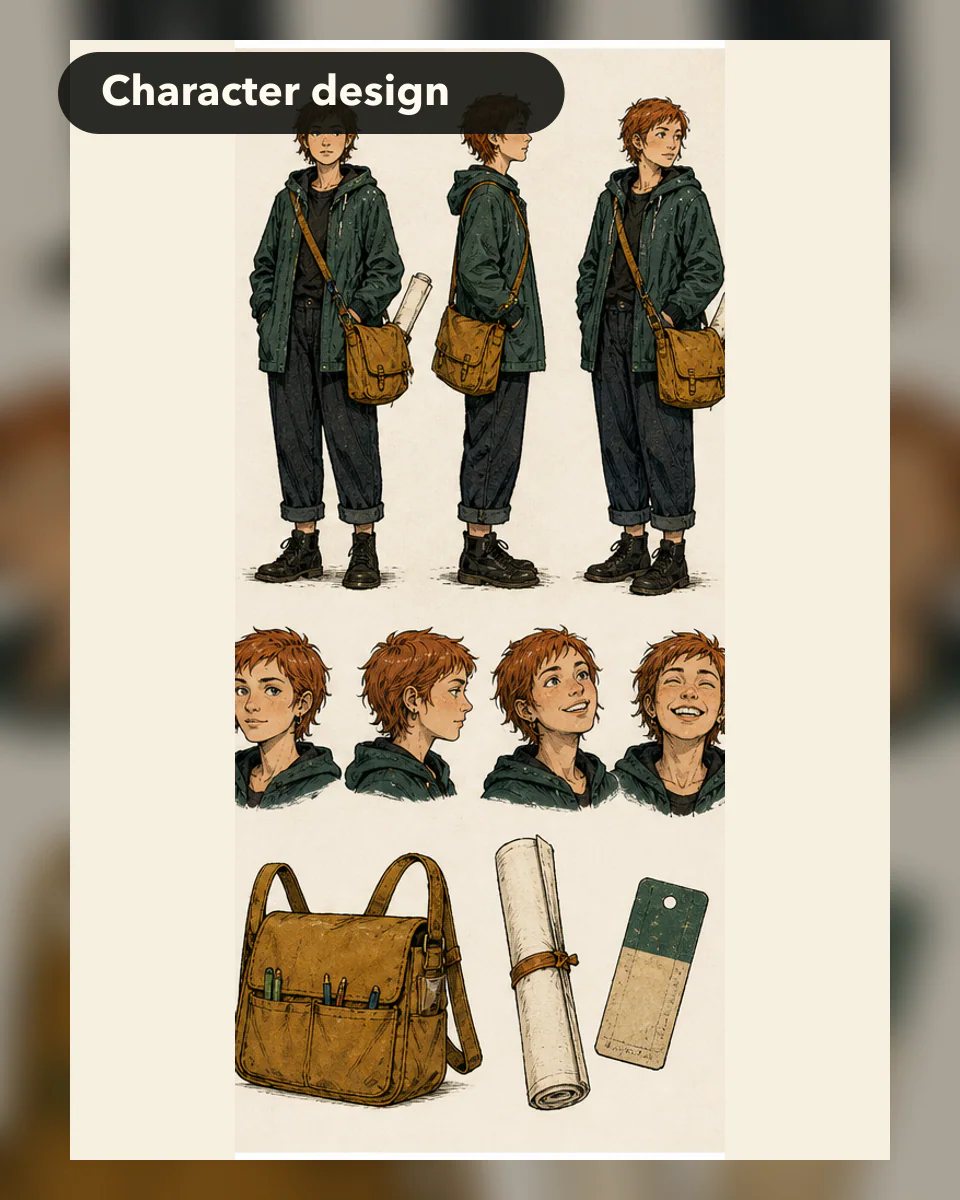 Australian illustrator character sheet with consistent views expressions and drawing props