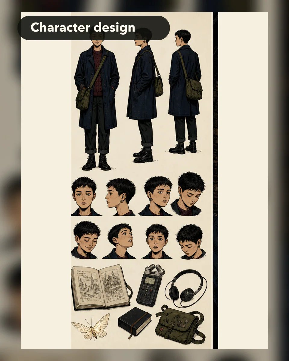 British sound archivist character sheet with consistent clothing expressions recorder and paper moth