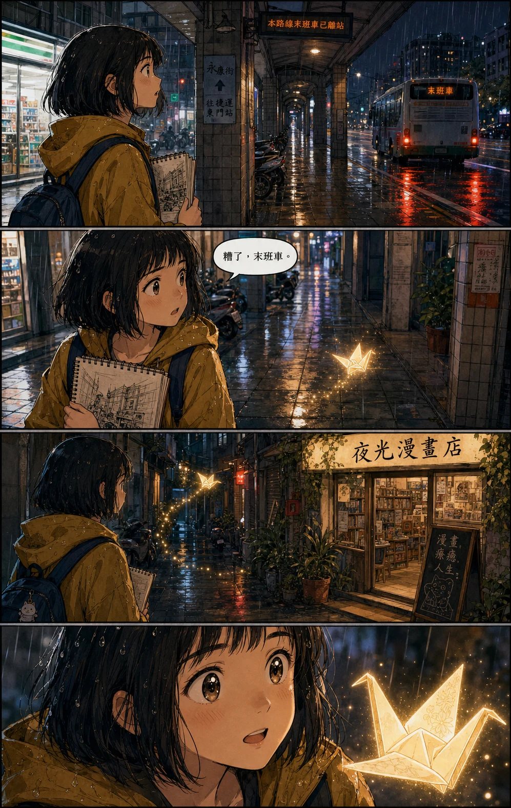 台北雨夜裡插畫家跟著發光紙鶴找到漫畫店的繁中彩色漫畫