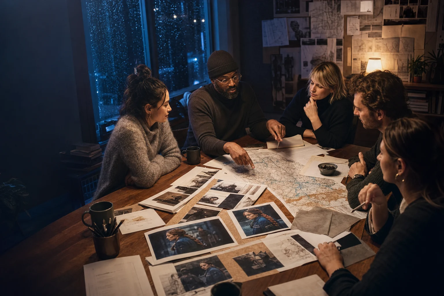 A connected screenwriting workspace linking script, cast, storyboard, presentation, and review