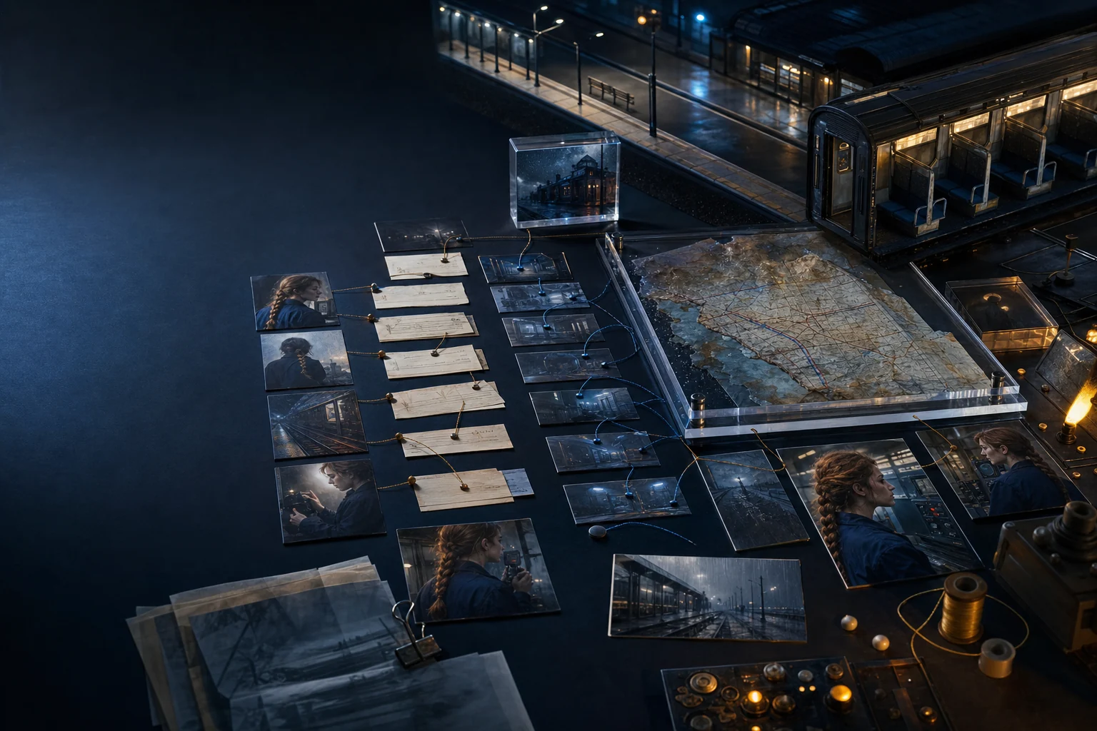 A cinematic preproduction table connecting scene cards, dramatic beats, a damaged map prop, and miniature train locations