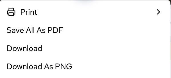 Menu Download do editor em utilização, com Print, Save All As PDF, Download e Download As PNG.