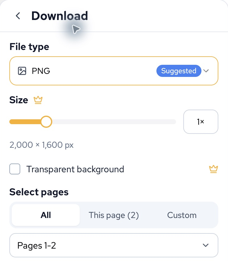 Definições de descarga PNG do produto com File type, Size, Transparent background e seleção de páginas All, This page ou Custom.