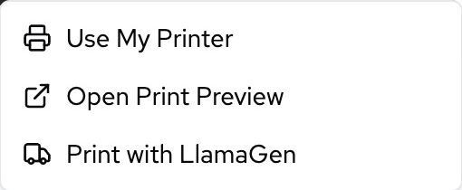 Use My Printer, Open Print Preview, Print with LlamaGen이 표시된 실제 Print 하위 메뉴.