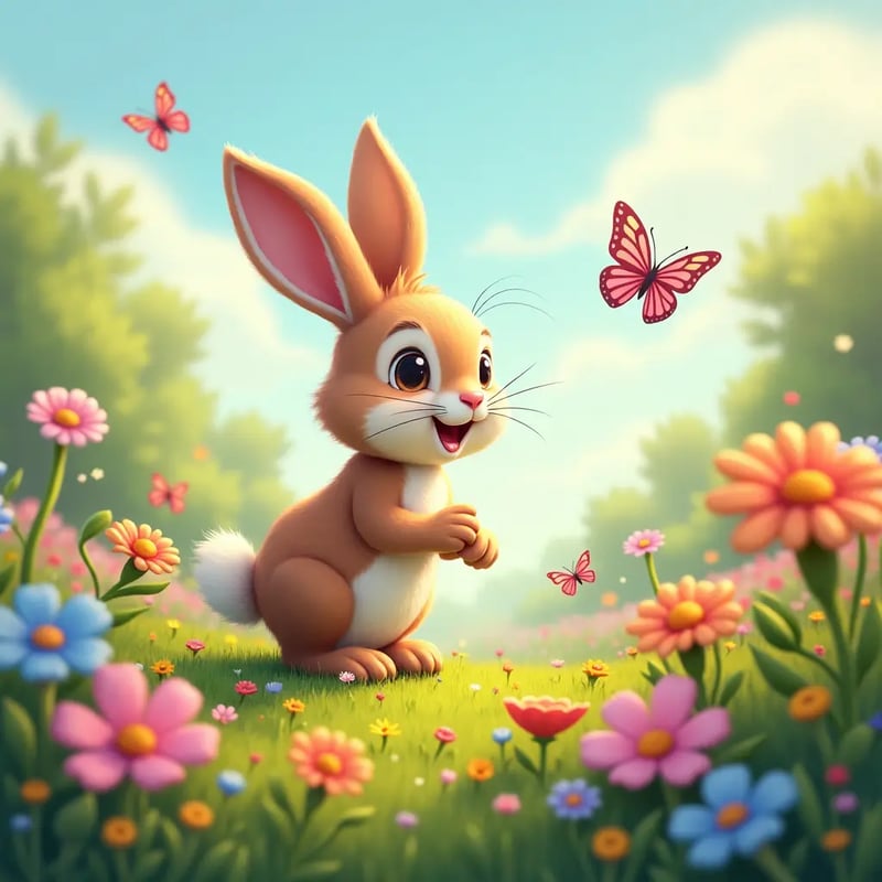 4k, vibrant colors, cute style, A friendly bunny exploring a colorful garden, meeting butterflies, flowers, and other small animals.