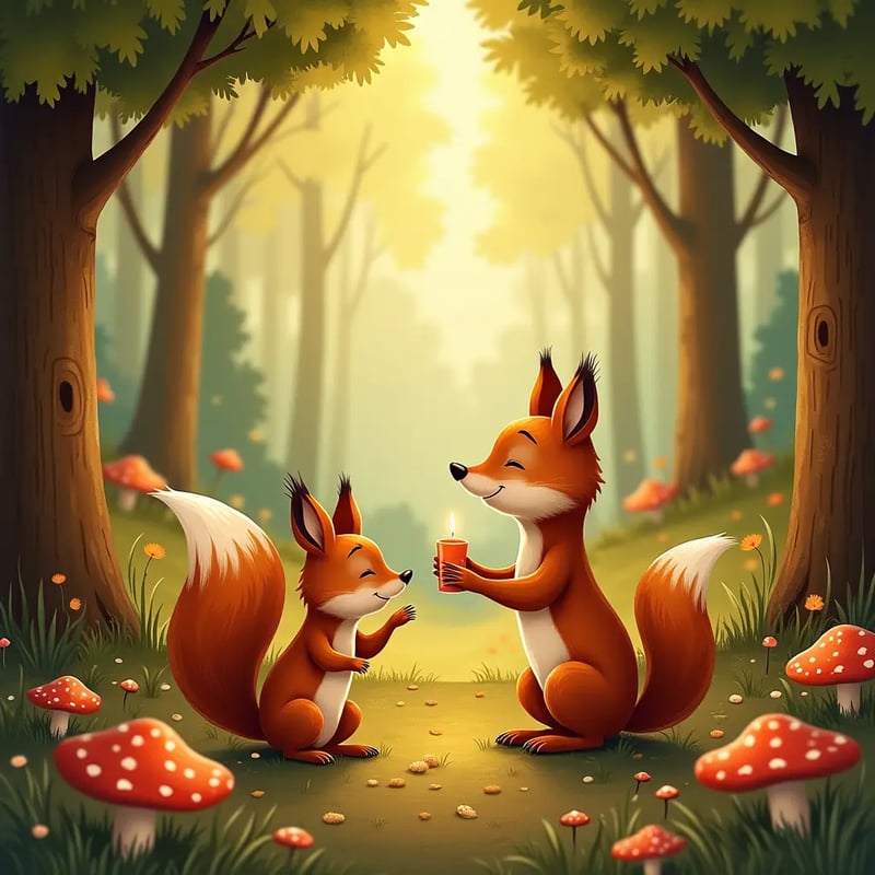 warm, vintage illustration, 4k, Children's book with a playful squirrel and wise fox in a cozy forest, surrounded by mushrooms, trees, and tiny woodland details.