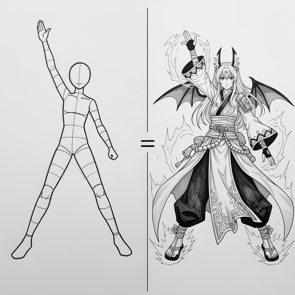 Analyze the composition, pose, and dynamic movements of the wooden man in the provided image, and transform it into a breathtaking anime-style masterpiece. Convert the wooden figure into a fully realized character with a fluid, expressive design that captures the essence of its original motion. Ensure a symmetrical yet dynamic composition, with the character’s pose emphasizing energy and purpose , fantastical accessories  and a vivid facial expression that conveys emotion and personality. Use a bold, harmonious color palette with rich gradients, crisp linework, and strategic shading/highlights to create depth and a polished anime aesthetic. Ensure the final artwork reflects the hallmarks of a high-quality anime masterpiece, with meticulous attention to detail, dynamic composition, and a captivating sense of movement and story.