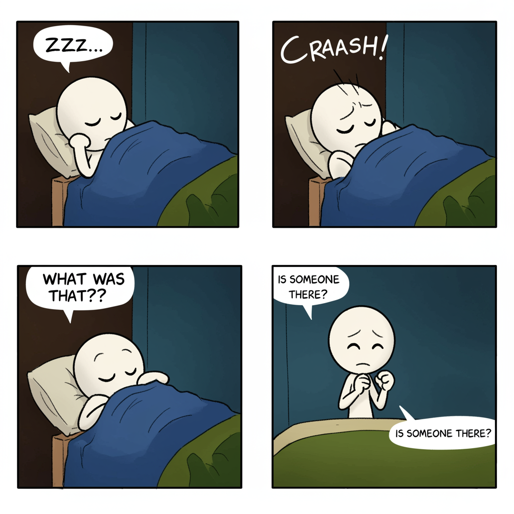 stickman is sleeping, listen a crash sound, he wakes up and looks around