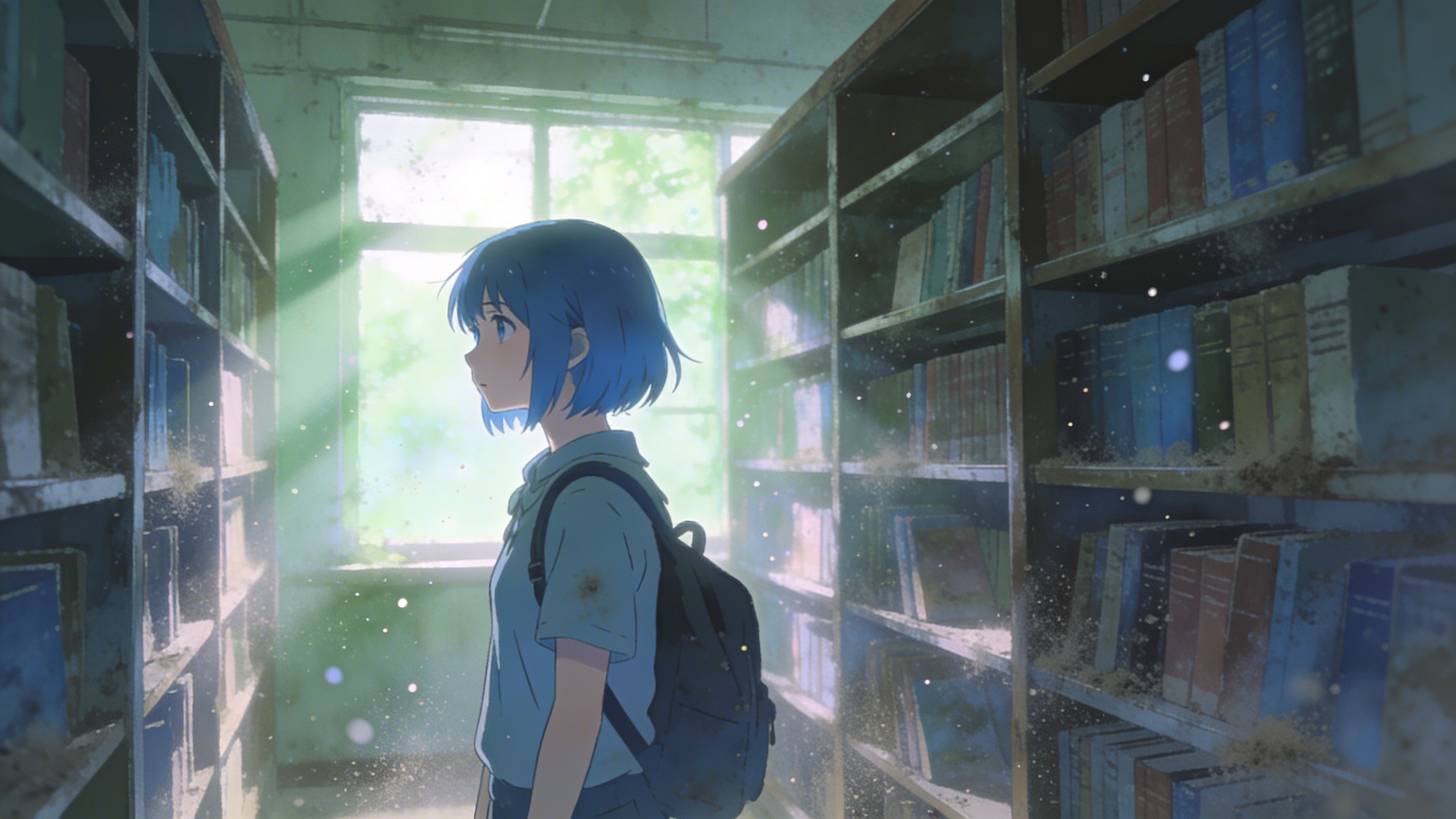 Anime Student in Sunlit Library Aisle
