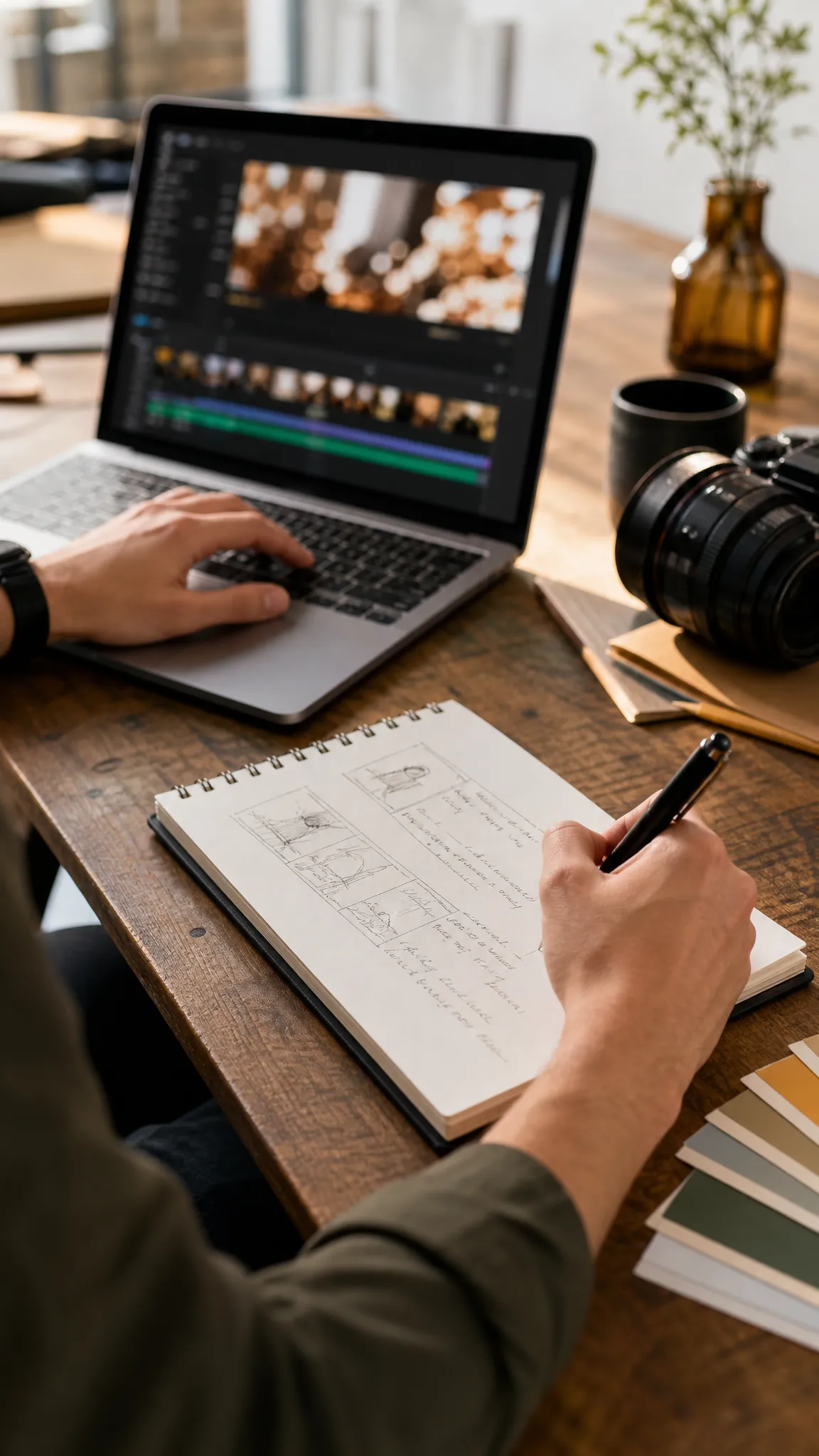 Vertical commercial B-roll of a creator editing at a daylight studio desk with a laptop, camera gear, and handwritten shot notes.