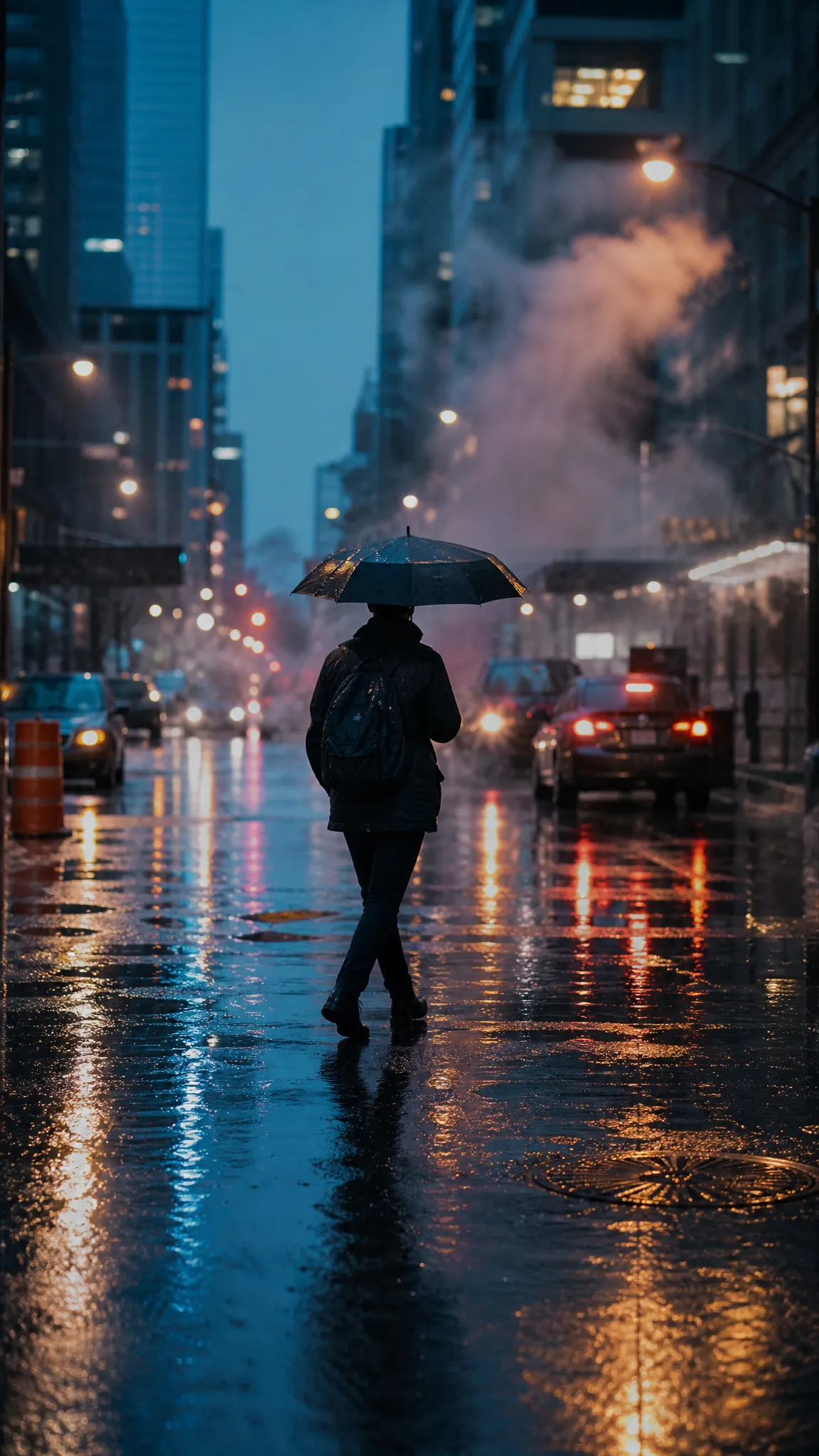 Vertical urban B-roll of a commuter crossing a rain-soaked street at blue hour, framed by cyan and amber reflections.