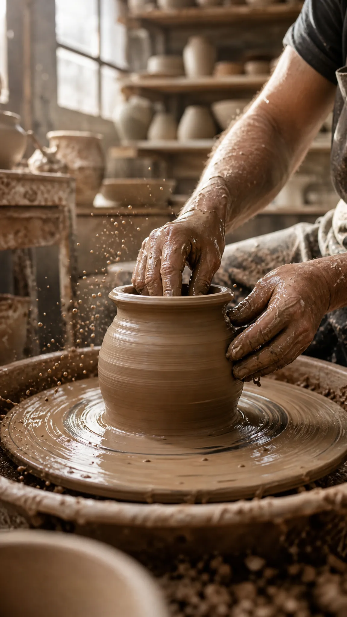 Vertical craft-documentary B-roll of artisan hands shaping wet clay on a pottery wheel in a sunlit workshop.