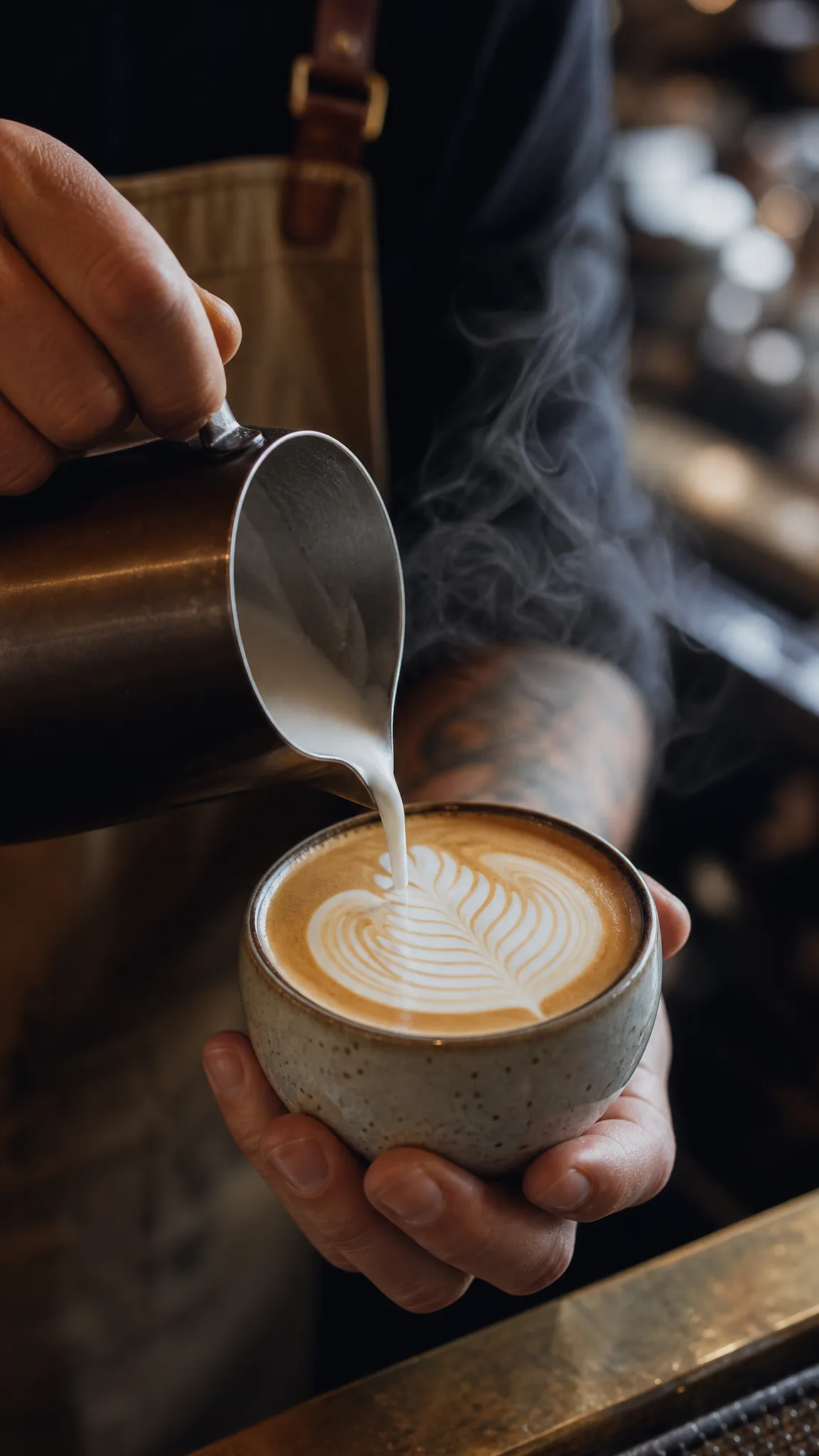 Vertical lifestyle B-roll close-up of a barista pouring latte art in a warm modern coffee shop.