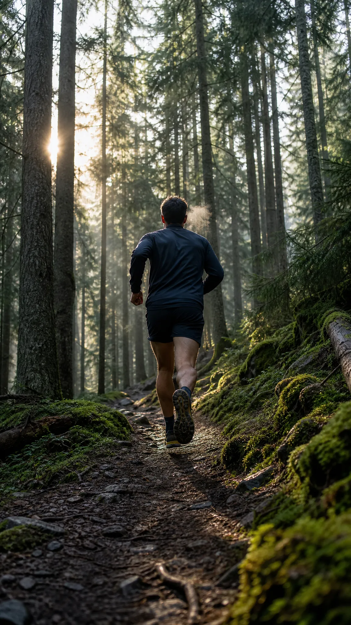 Vertical outdoor B-roll of a trail runner moving through a misty evergreen forest in the first light of day.