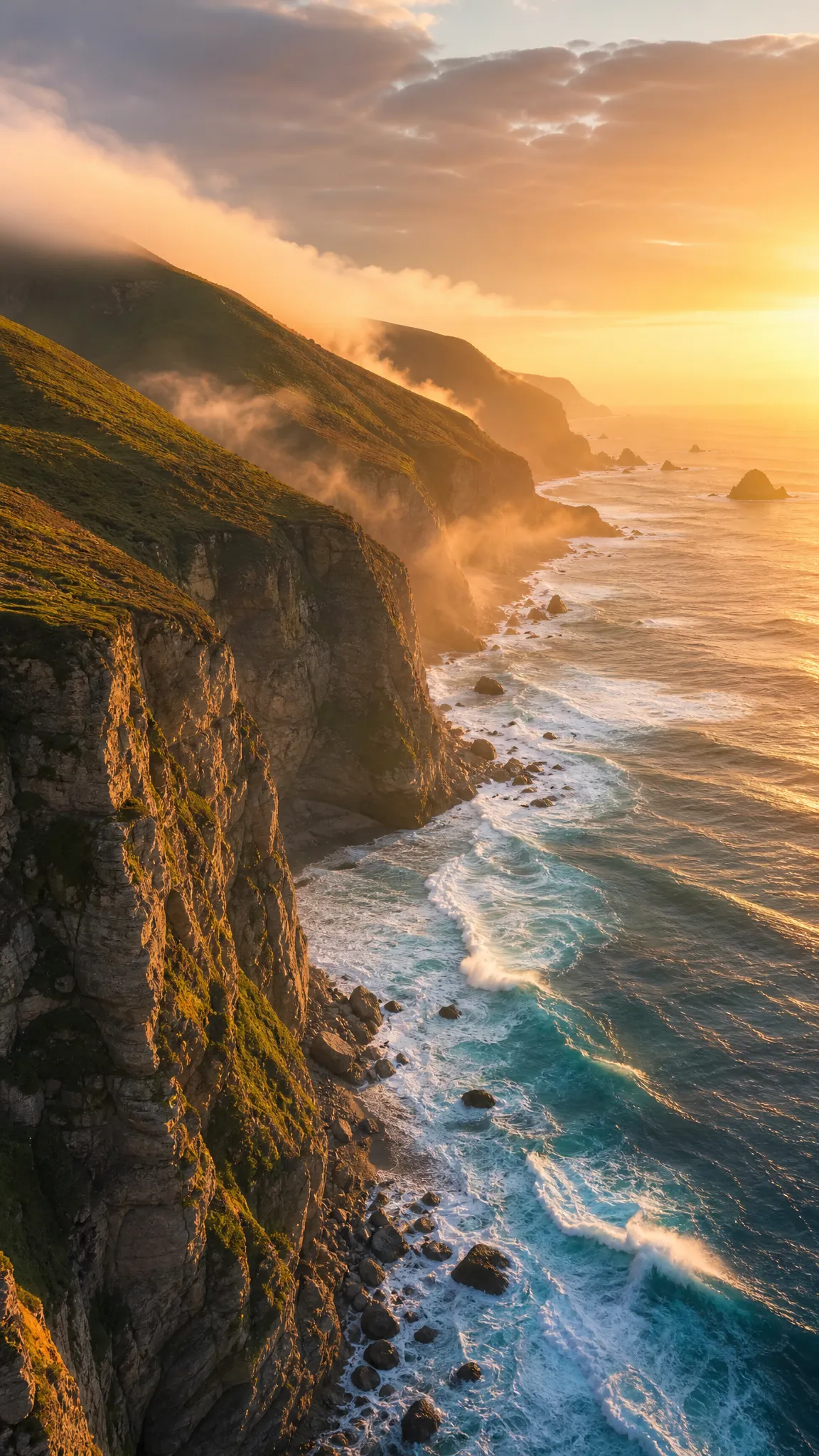 Vertical cinematic aerial B-roll of a rugged coastline at sunrise, with sea mist, foaming waves, and warm light tracing the cliffs.