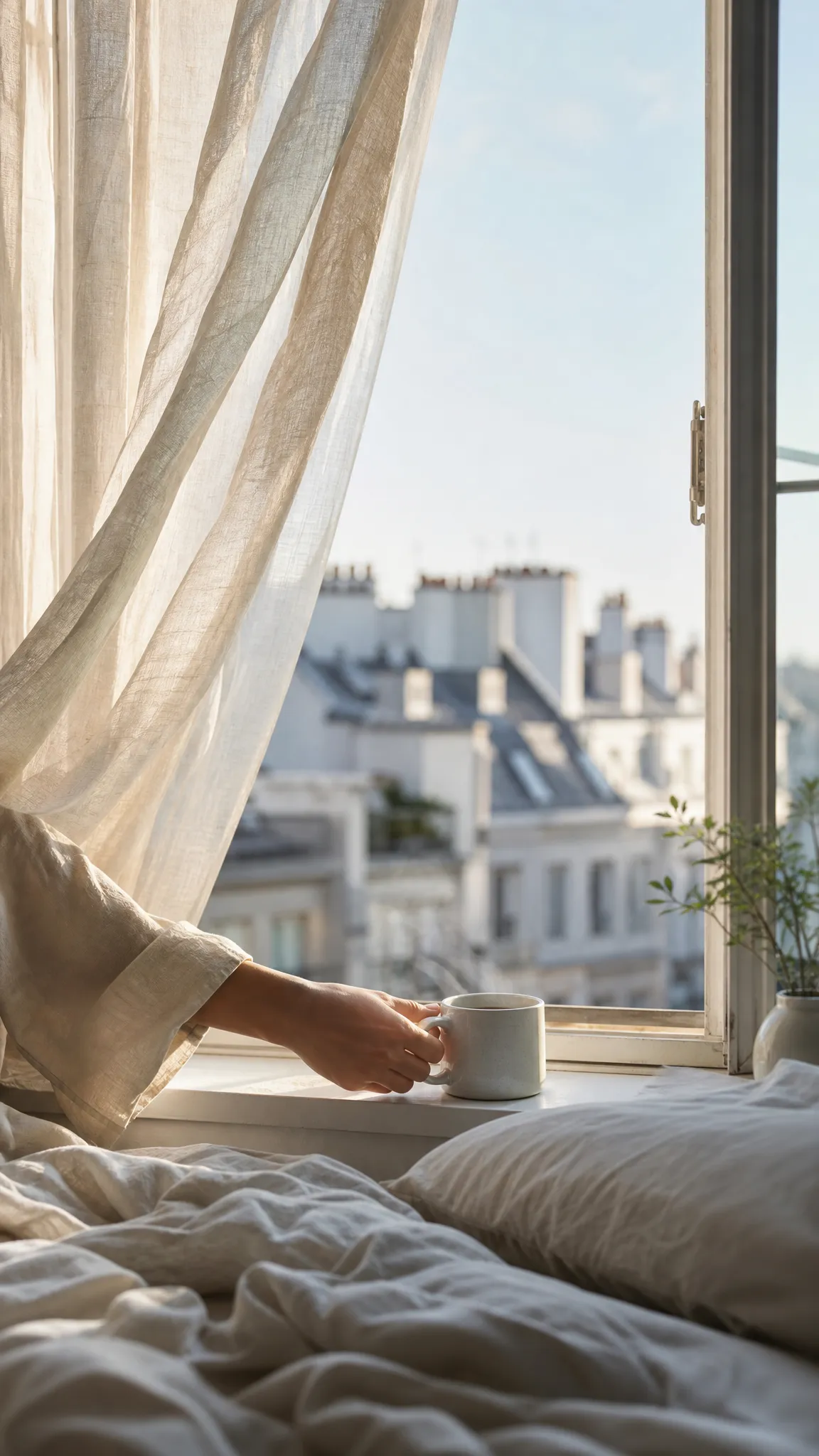 Vertical slow-living B-roll of a quiet apartment morning with a steaming mug, soft city rooftops, and linen curtains moving in the breeze.