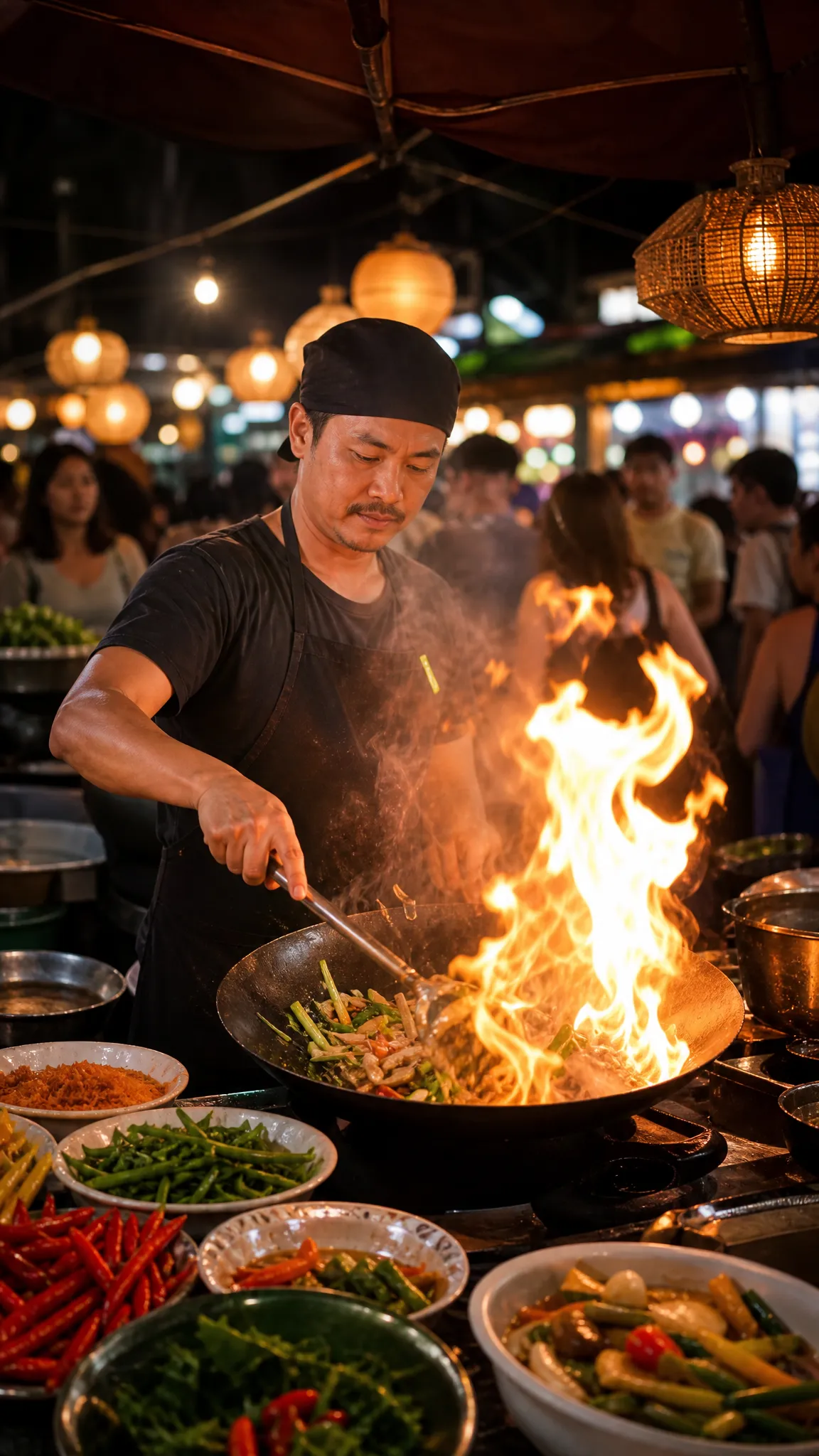 Vertical travel-food B-roll of a night-market cook tossing vegetables in a wok as steam and flame rise through warm lantern light.