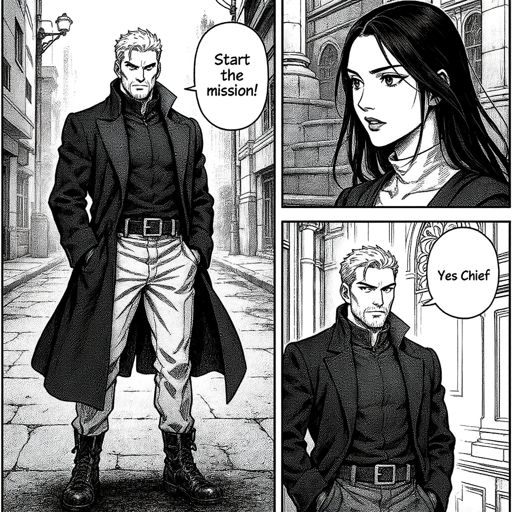 Three‑panel black‑and‑white page