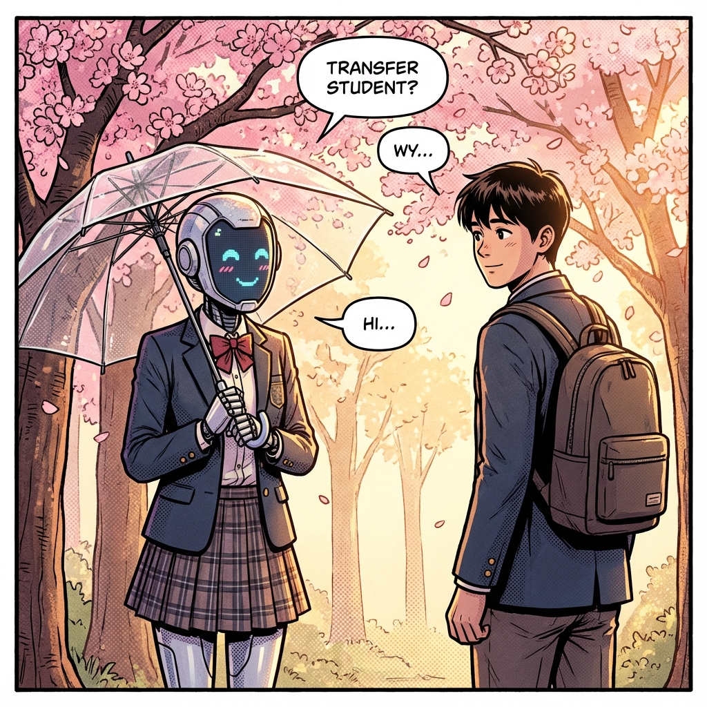 Romantic school life comic with robot character learning emotions