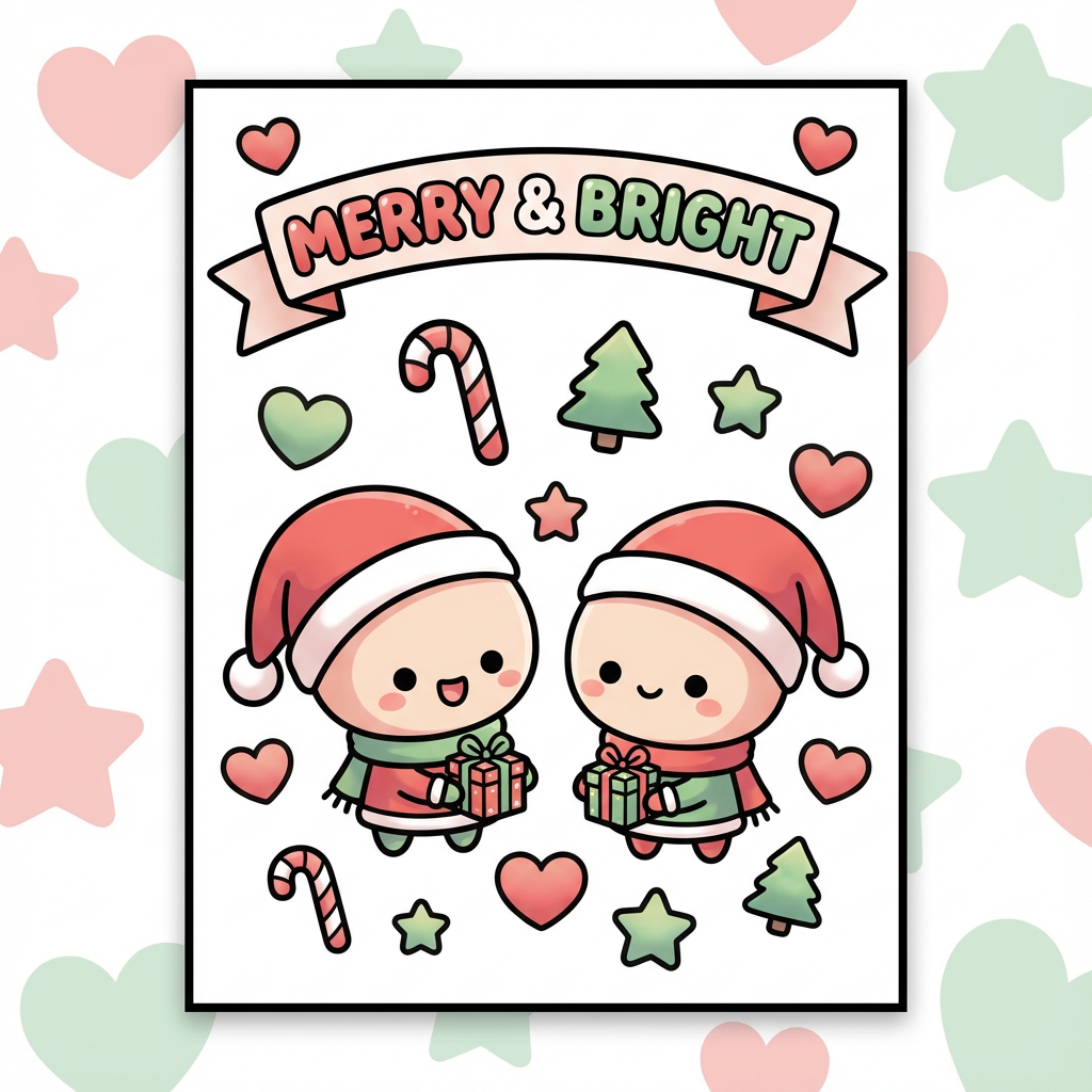 Christmas-themed chibi comic, kawaii styling, pastel red-green palette, bold clean outlines, simple icon glyphs and heart/star motifs, soft gradient shading, minimal layout