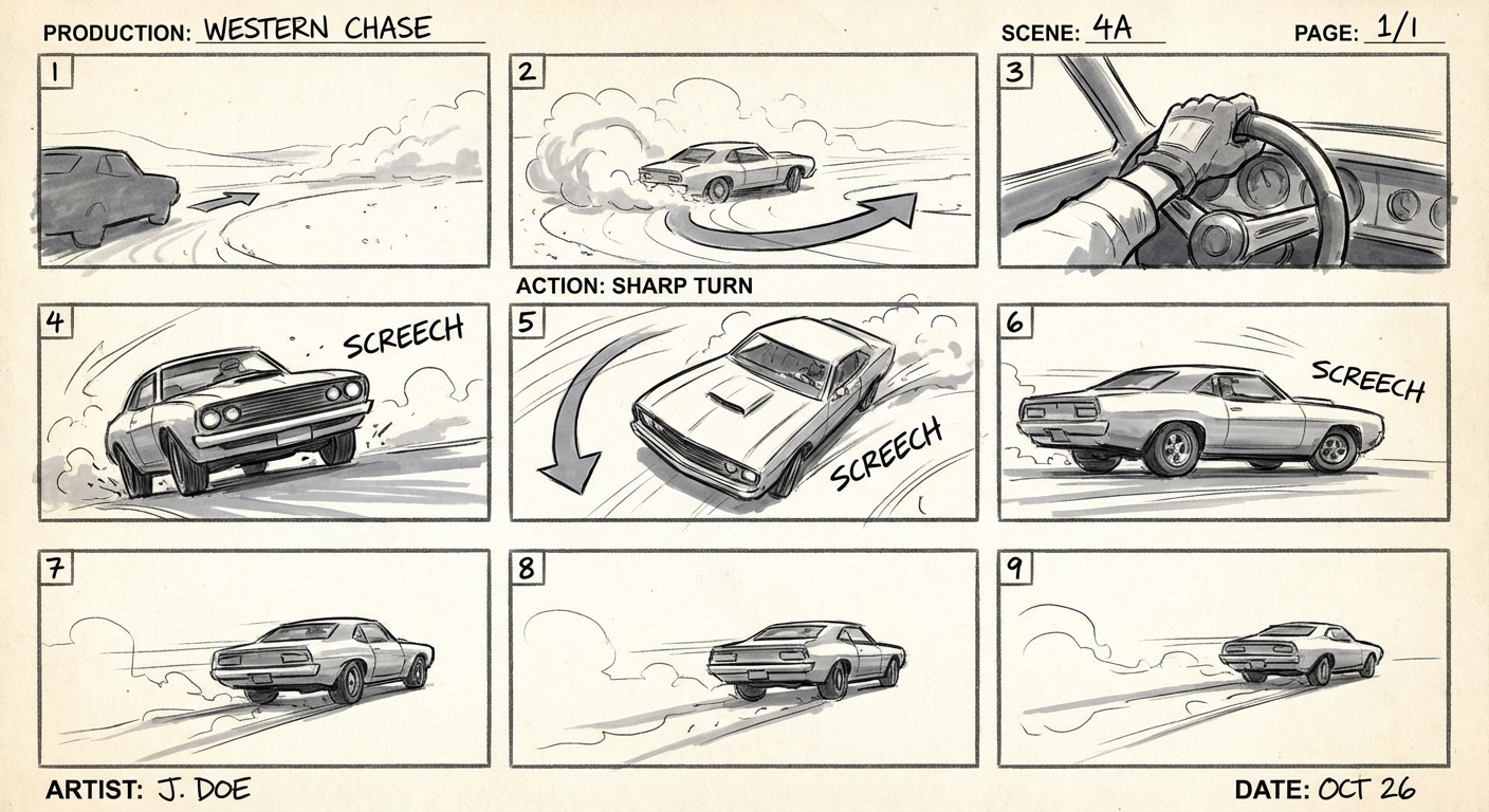 High‑quality Western storyboard, 3x3 nine‑panel grid