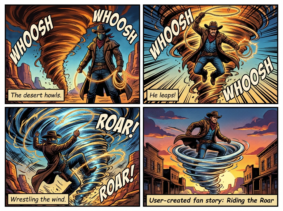 UGC comic showcase — original character riding the roar
