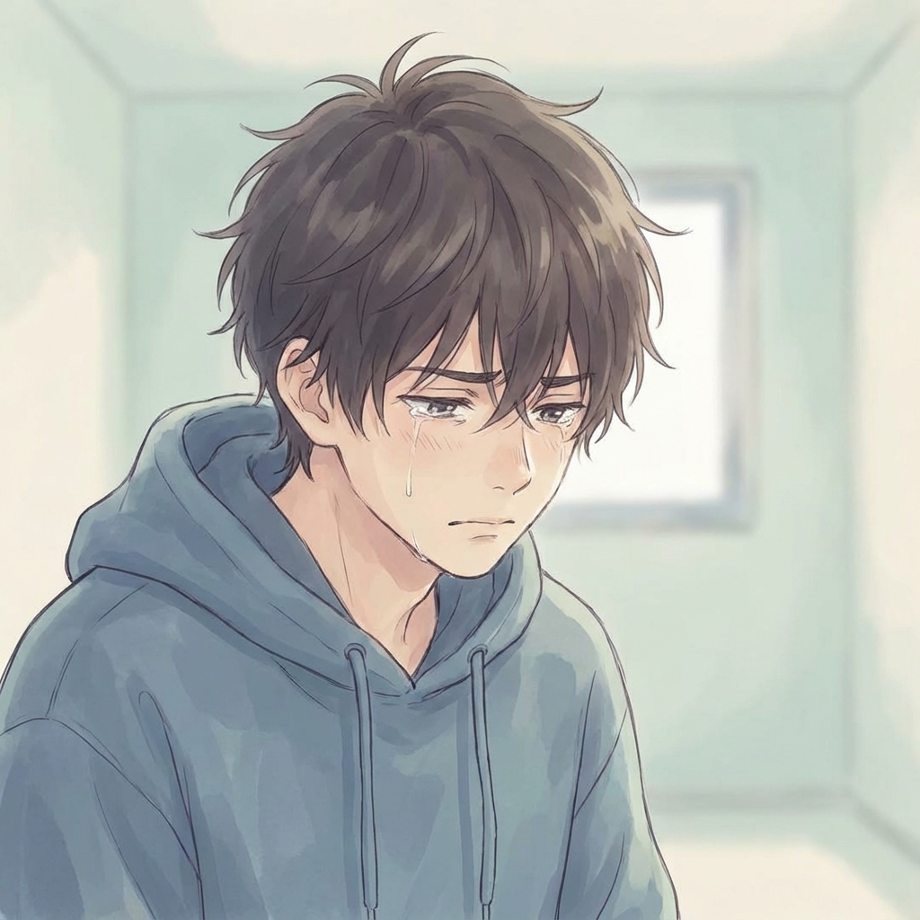 Sad expression anime character headshot