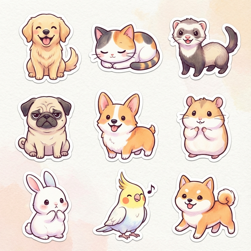 Chibi pet sheet — varied emotions
