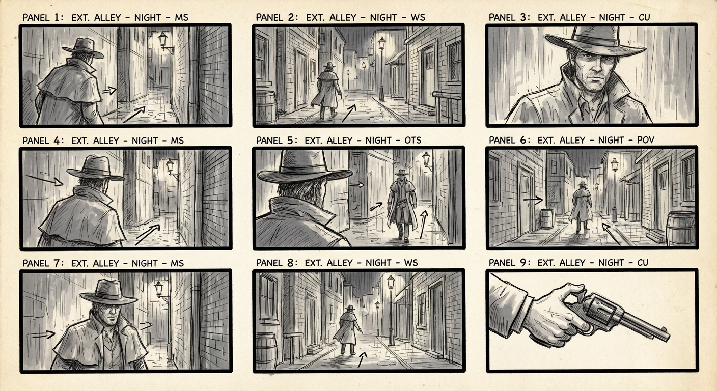 Western storyboard sheet, 3x3 nine‑panel grid