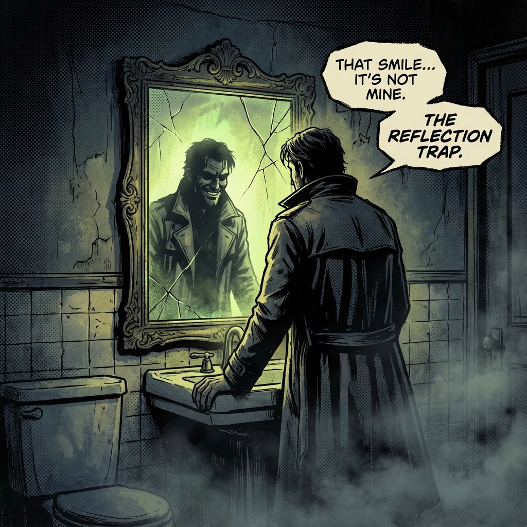 Psychological horror with haunted mirror and doppelganger