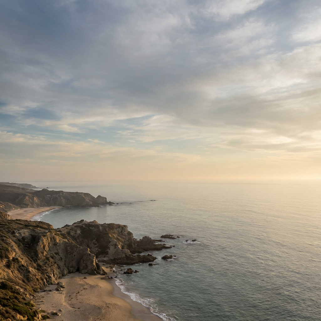 Coastal landscape with extended sky and ocean horizon