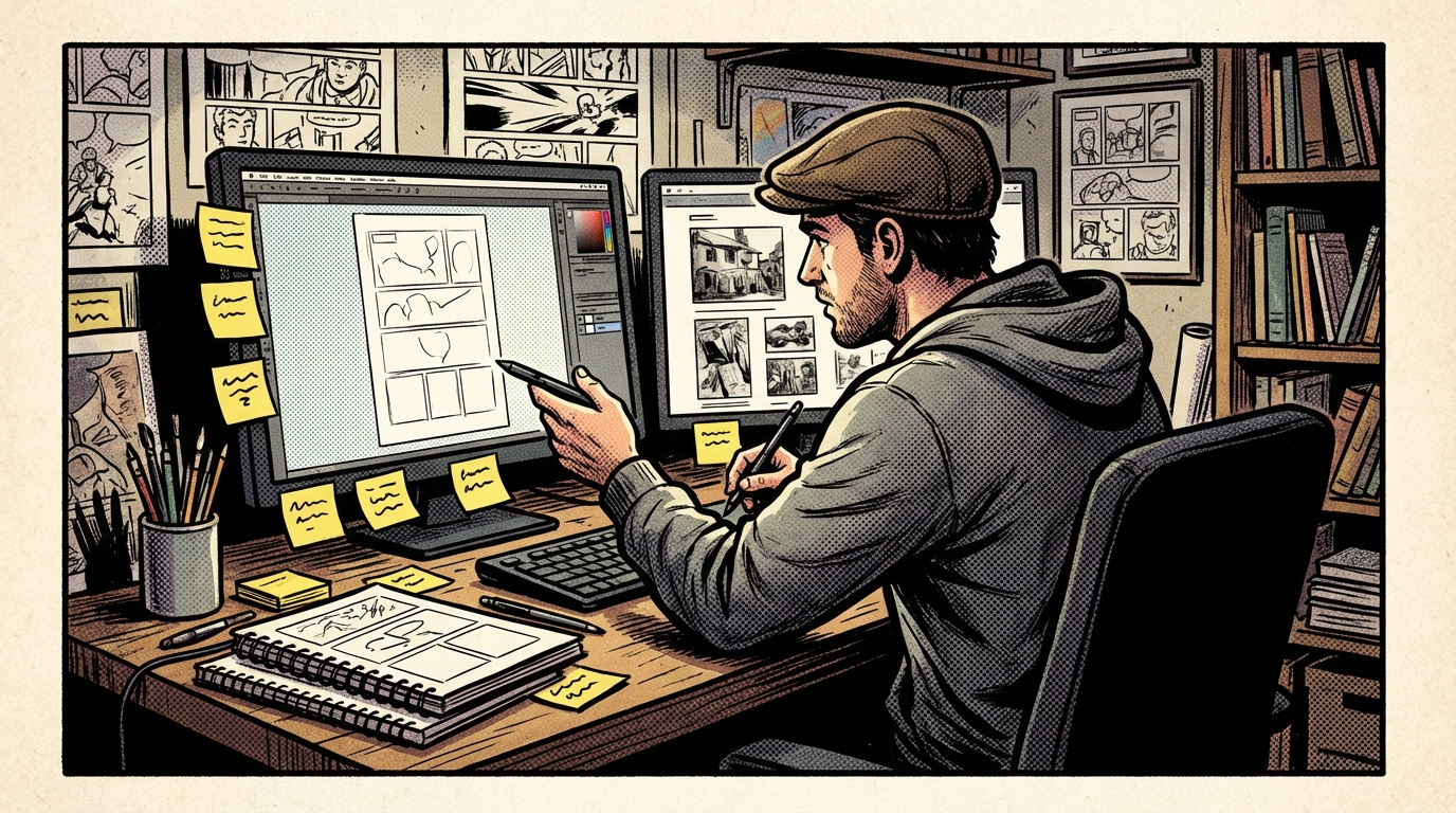 Comic creator at dual monitors planning panel story