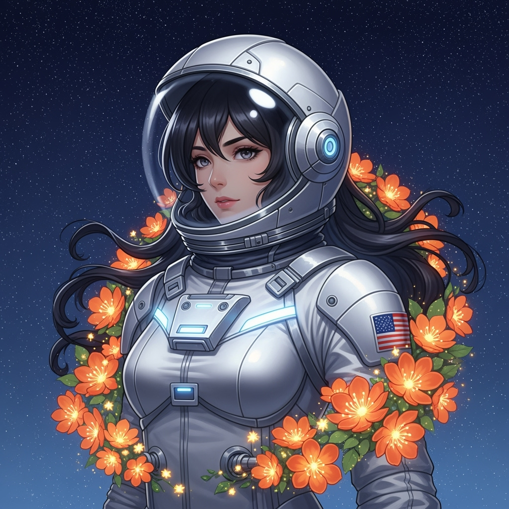 A stunning, highly detailed anime-style illustration of a woman wearing a sleek, modern white astronaut suit adorned with subtle silver accents and softly glowing panels. Her long, dark wavy hair cascades gracefully from her helmet, framing her expressive eyes and serene, determined expression. She is gently surrounded by a lush halo of vibrant orange flowers with radiant yellow centers, their petals delicately illuminated as if touched by starlight. The background is a breathtaking, deep indigo night sky, densely scattered with countless twinkling stars and faint nebulae, creating a sense of infinite wonder and cosmic beauty.