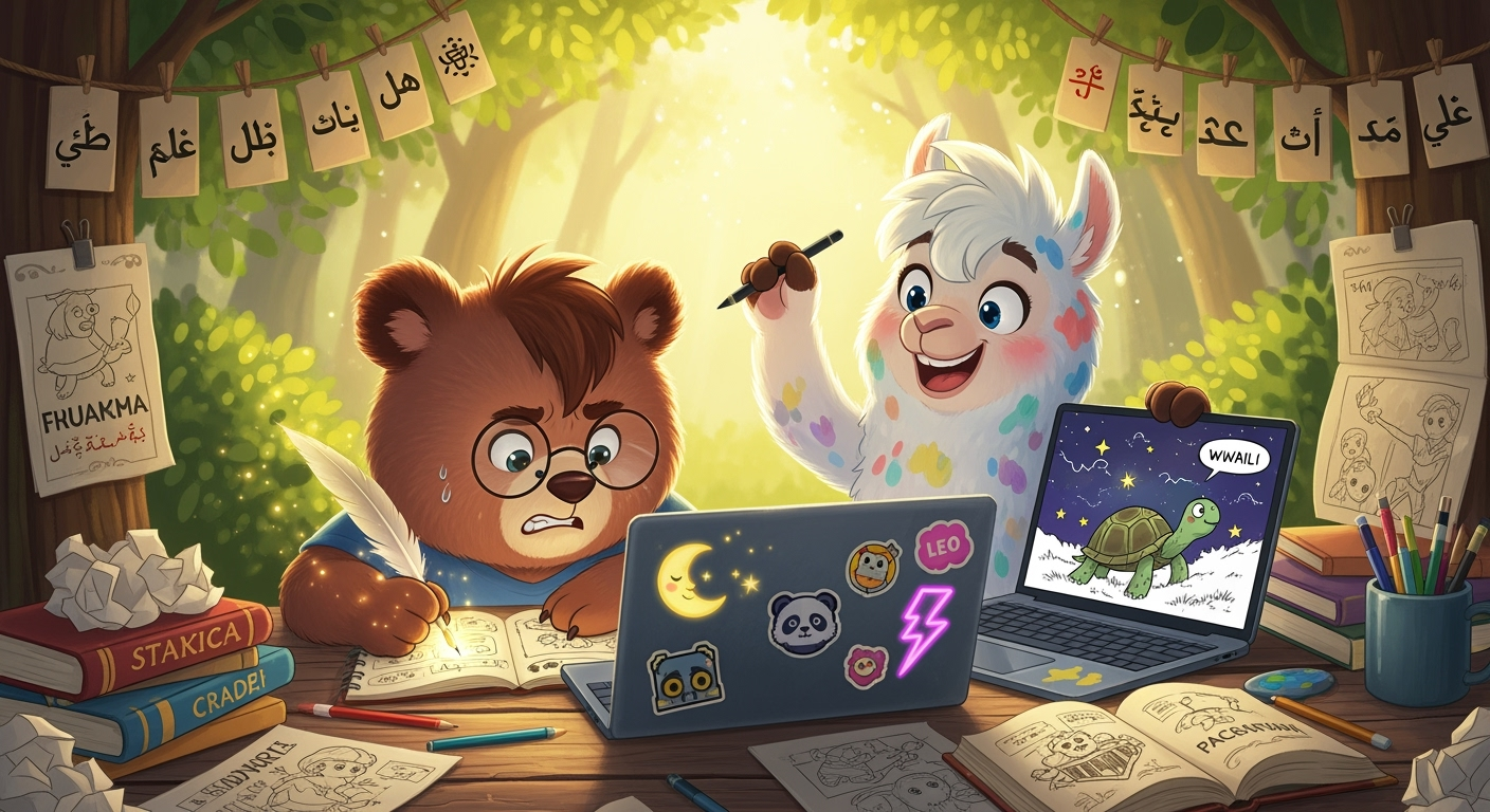 Two characters collaborating on a laptop with design stickers