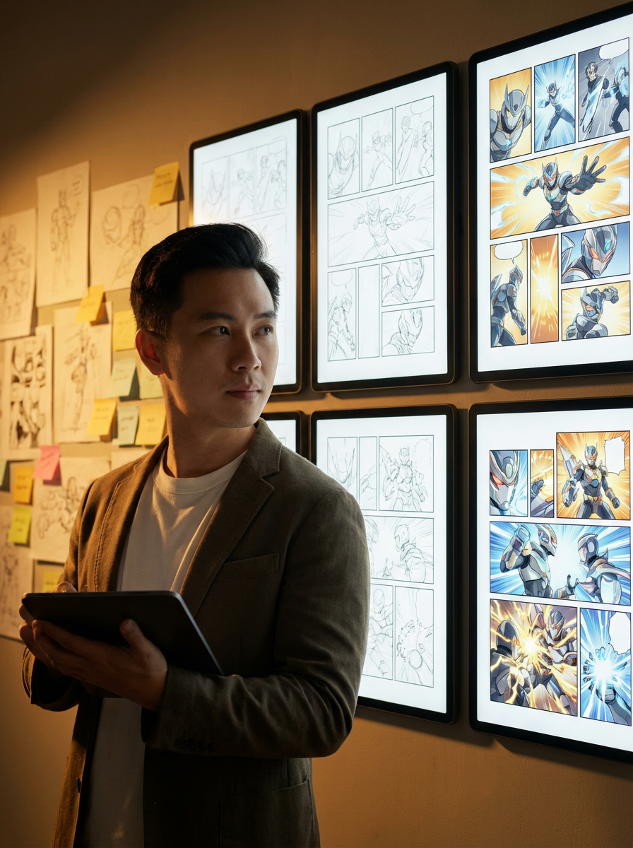 AI comic generator creating manga pages, webtoon scenes, and comic panels