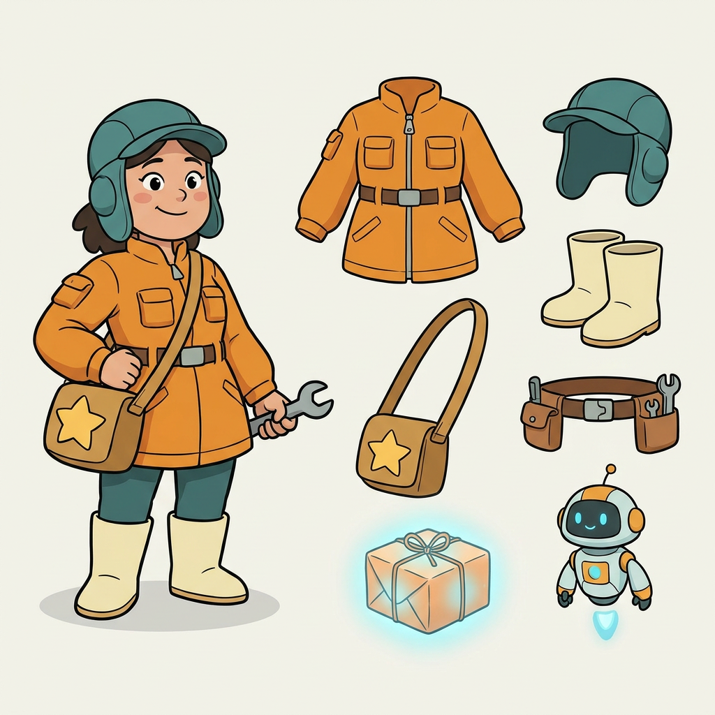 AI cartoon character outfit prop and production handoff sheet