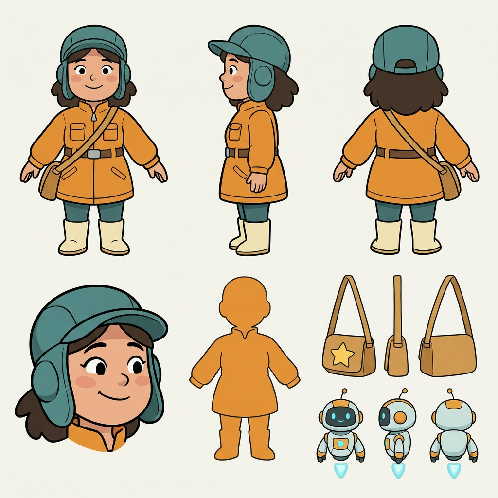AI character design sheet showing a cartoon character with front side back views and props