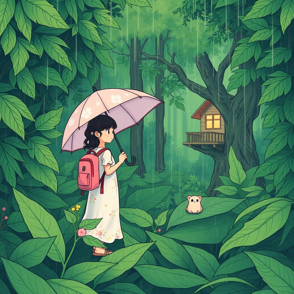 Create a serene and whimsical scene set in a lush forest. Use vibrant green tones to depict dense foliage, and incorporate pastel accents to add a soft, magical touch. Emphasize detailed, hand-drawn elements throughout the composition. Use diffused lighting to create a calm and magical atmosphere, with gentle raindrops cascading off leaves. The overall art style should be reminiscent of Studio Ghibli films, characterized by a dreamy, storybook quality.