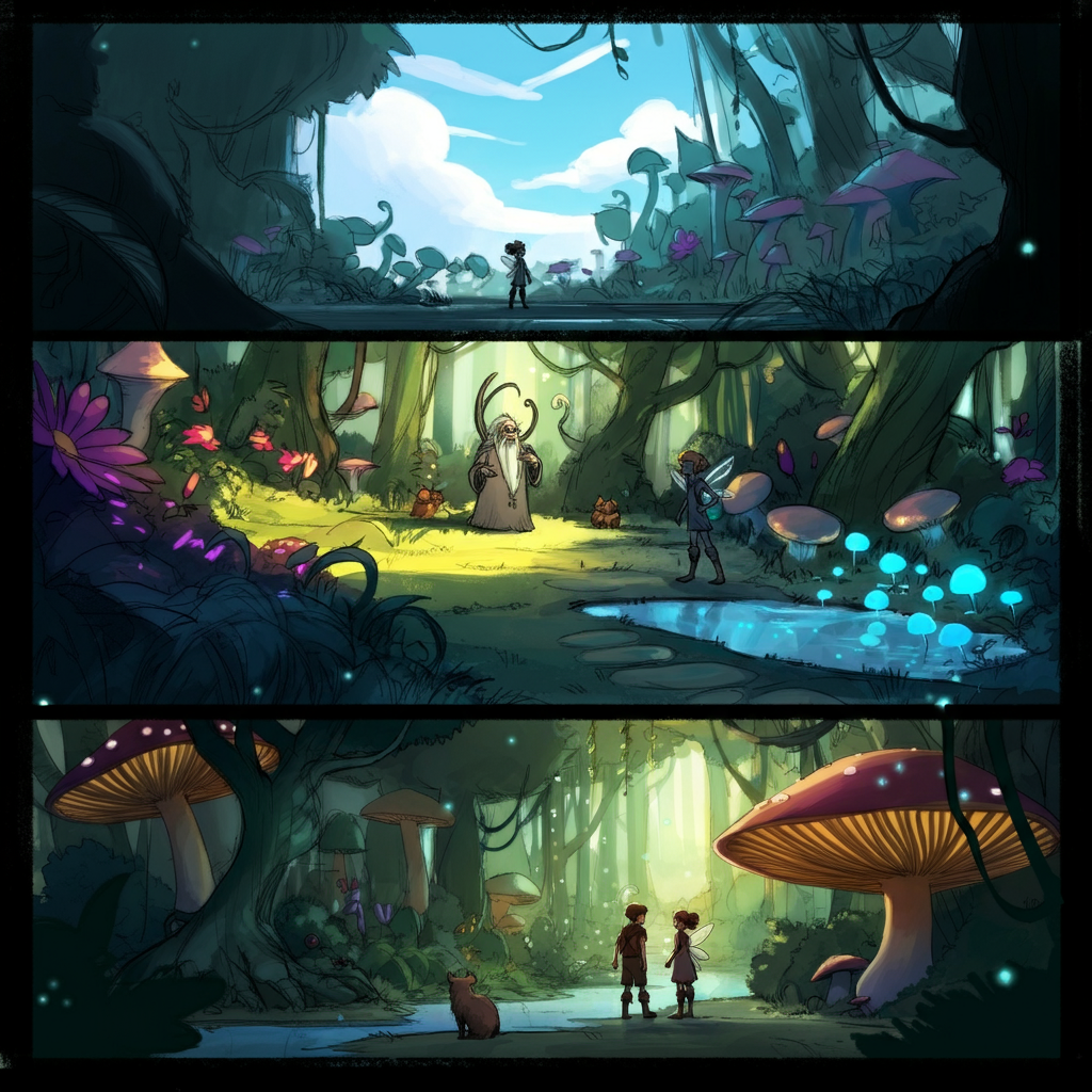 Storyboard Direction: 
  
  Panel 1: A wide shot of the natural setting with a bright, vivid color palette. The lush environment includes colorful flowers, tall trees, and playful animals. The sky is clear blue with fluffy white clouds. Use soft shading to enhance the light and realism. 
  
  Panel 2: Medium shot focusing on the main characters interacting. The characters wear simple, colorful clothing that complements the surroundings. Varying line weights add dimension, with clean and precise line work. 
  
  Panel 3: Close-up of a playful animal near the characters, adding charm and context. Small details like props and additional animals in the background enhance the scene’s whimsy.
  
  Visual hierarchy: 
  1. Main characters in Panel 2
  2. Playful animal in Panel 3
  3. Lush environment in Panel 1
  
  Maintain a whimsical and enchanting atmosphere throughout, with artistic consistency in line work and shading techniques.