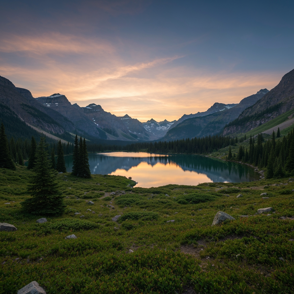 A stunning landscape featuring an alpine lake as the main subject, centrally framed and reflecting the pastel hues of a sunset sky. The image is composed with a wide-angle perspective from a slightly elevated vantage point, looking across lush green ground cover interspersed with boulders and clusters of evergreen trees, toward distant rugged mountain peaks. The lighting is soft and natural, originating from the setting sun behind the mountains, casting a warm glow with gentle shadows and a gradient of light blue to peach tones in the sky.