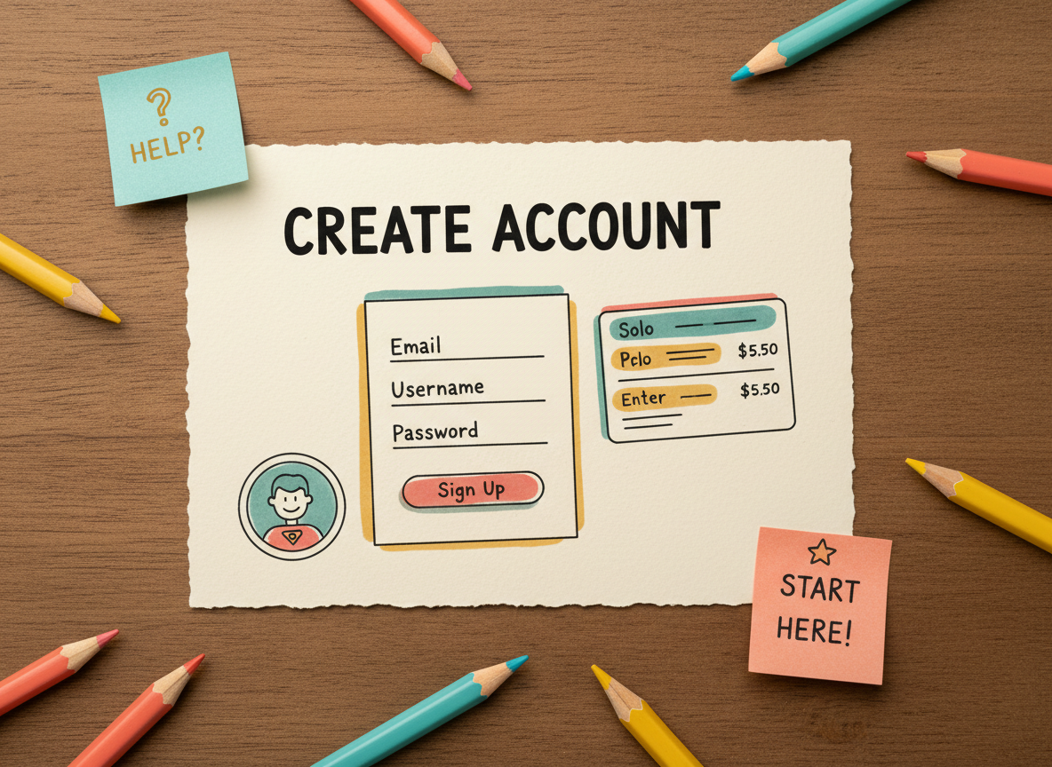 Colorful hand-drawn comic API skills illustration showing account signup and plan setup.