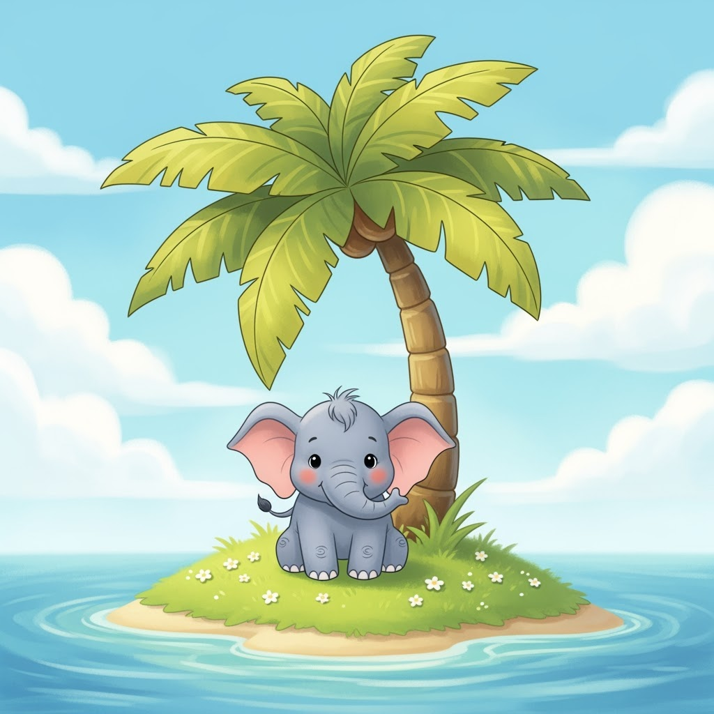 Whimsical Baby Elephant on Dreamy Island generated style sample