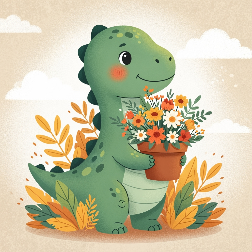 Soft, whimsical children’s illustration with a friendly green dinosaur holding a flowerpot, surrounded by warm autumnal plants, dreamy beige background, and gentle diffuse lighting.