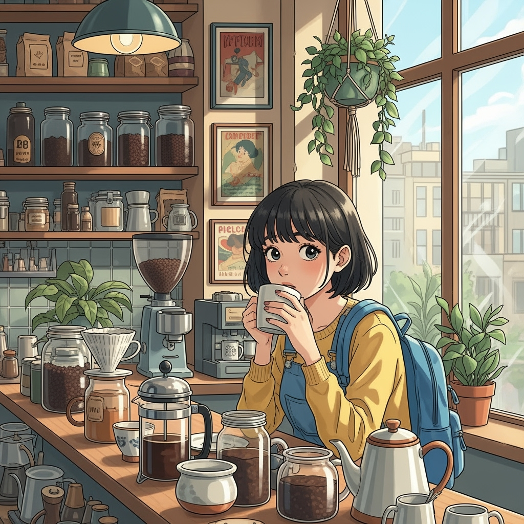 Whimsical, vibrant, contemporary illustration; serene mood, warm earth tones, expressive character, nostalgic European-style café setting, balanced natural daylight, detailed vintage decor.